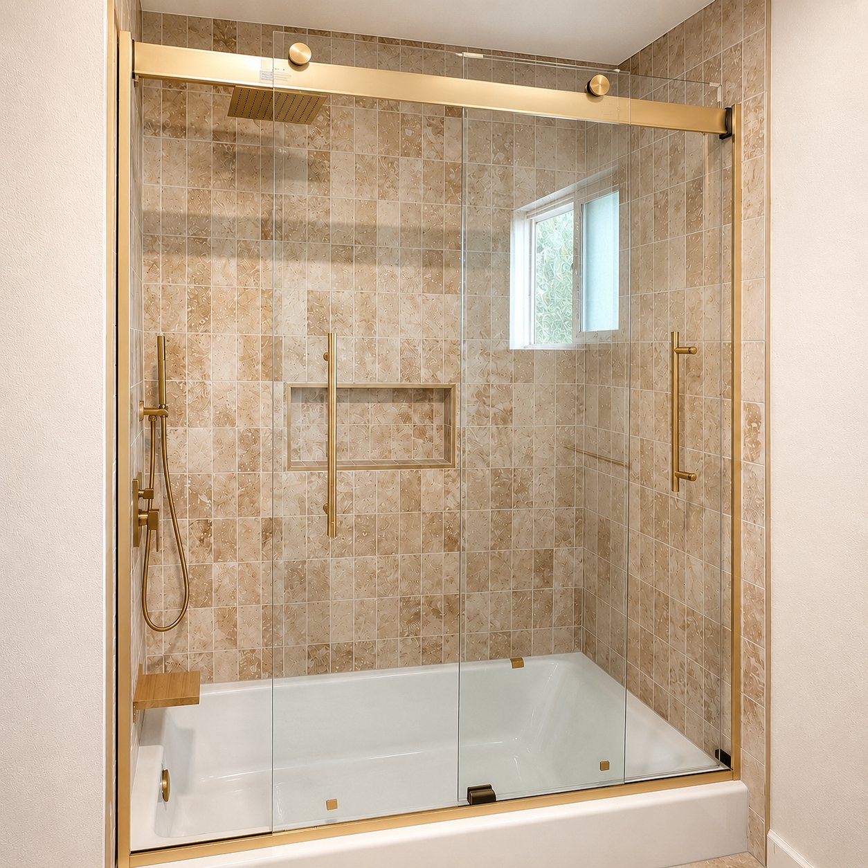 Stockton bathroom remodel by Cazares Construction — walk-in shower with brushed brass fixtures, integrated niche, and warm stone tile