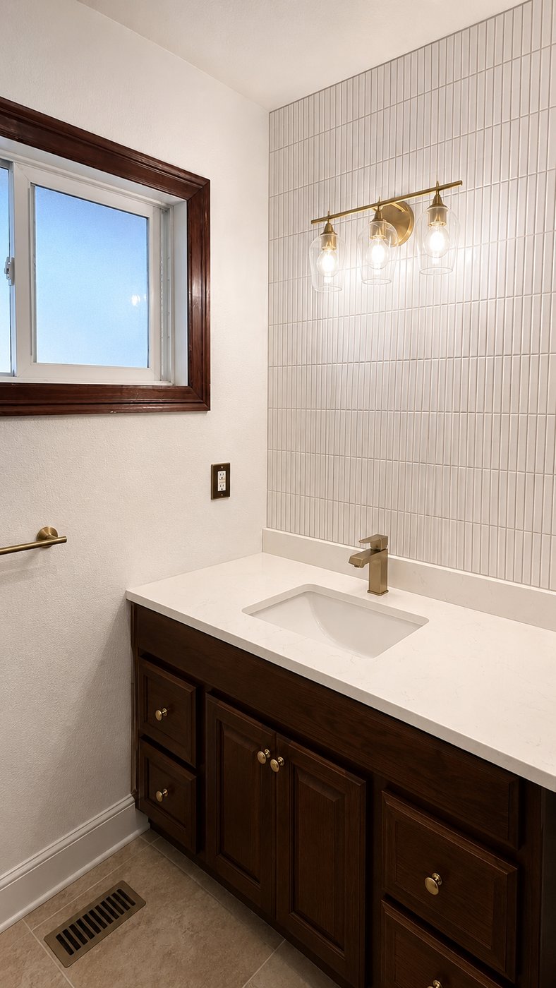Bathroom vanity with brass pendant lighting and white tile backsplash — Stockton remodel by Cazares