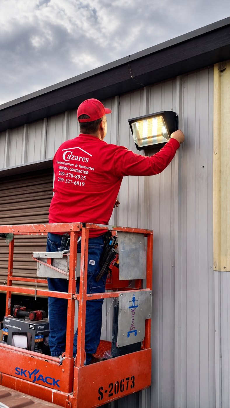 Cazares Construction crew installing exterior lighting from aerial lift — Stockton family-owned contractor