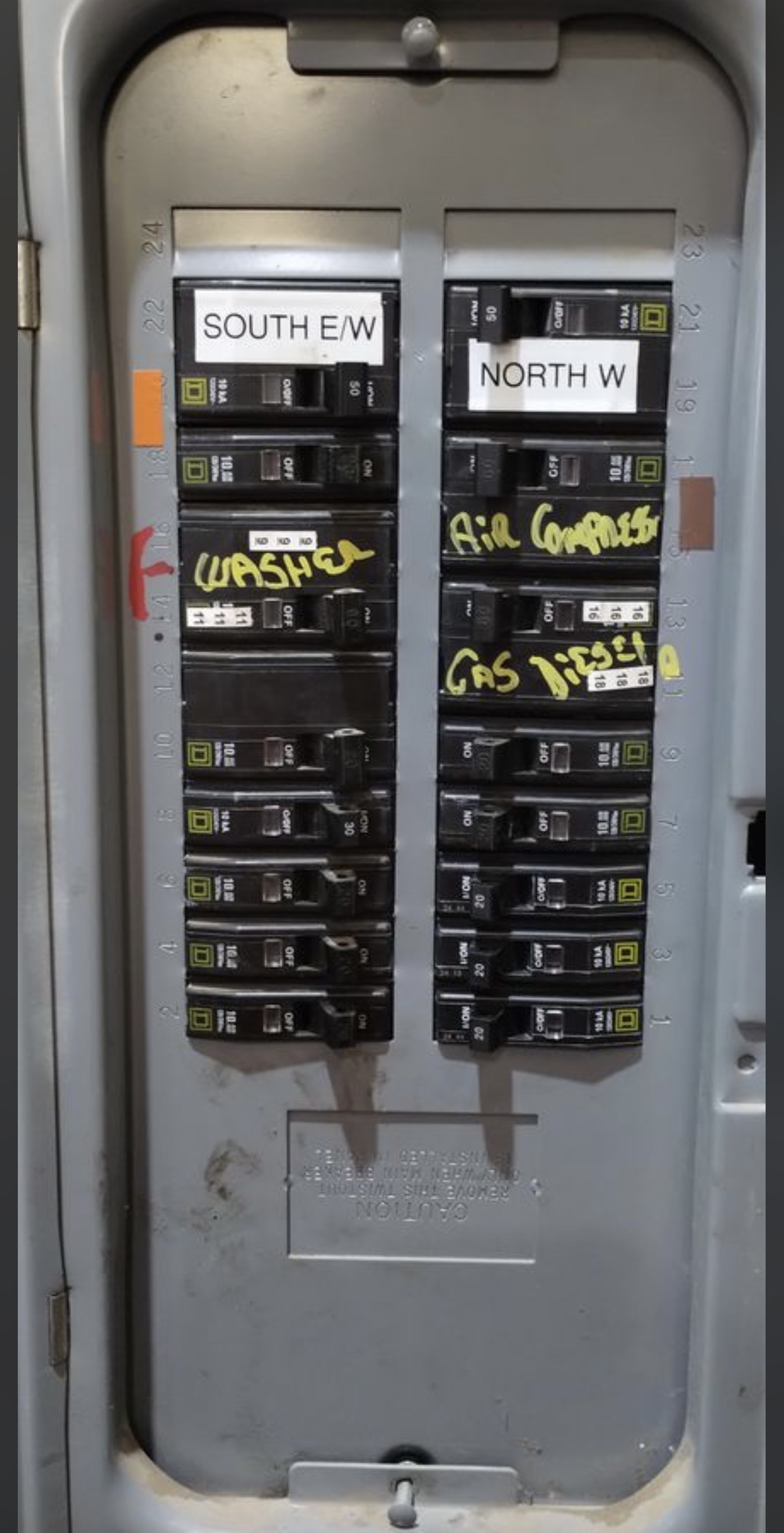 An electrical panel with hand-labeled circuits — a service upgrade by Cazares.