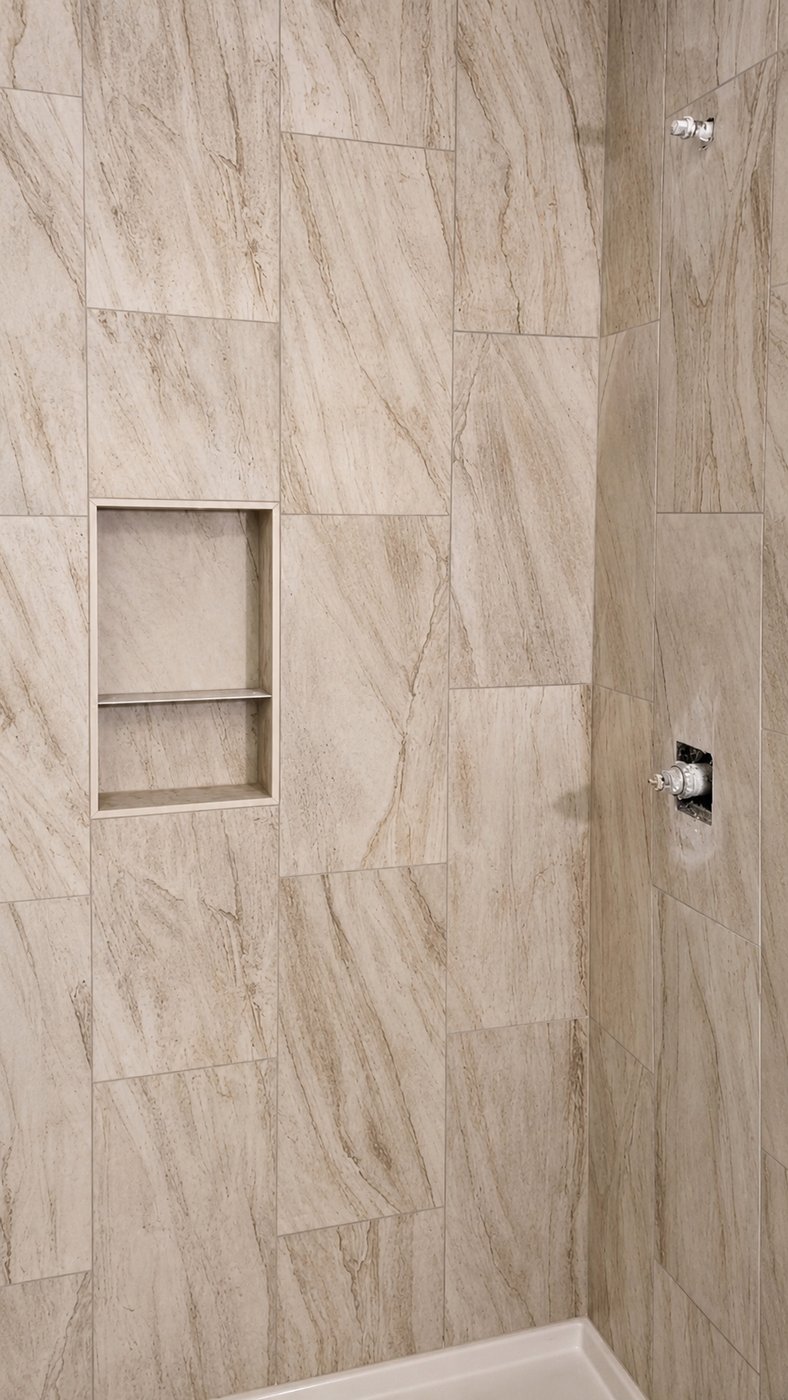 Marble shower with vertical-set tile and integrated niche — Stockton bathroom remodel by Cazares Construction