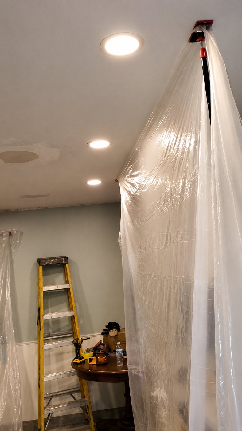 Recessed lighting installation with dust containment — Stockton interior lighting upgrade by Cazares